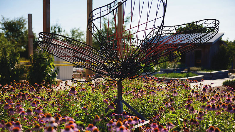 Wire sculpture of a butterfly in a field of flowers